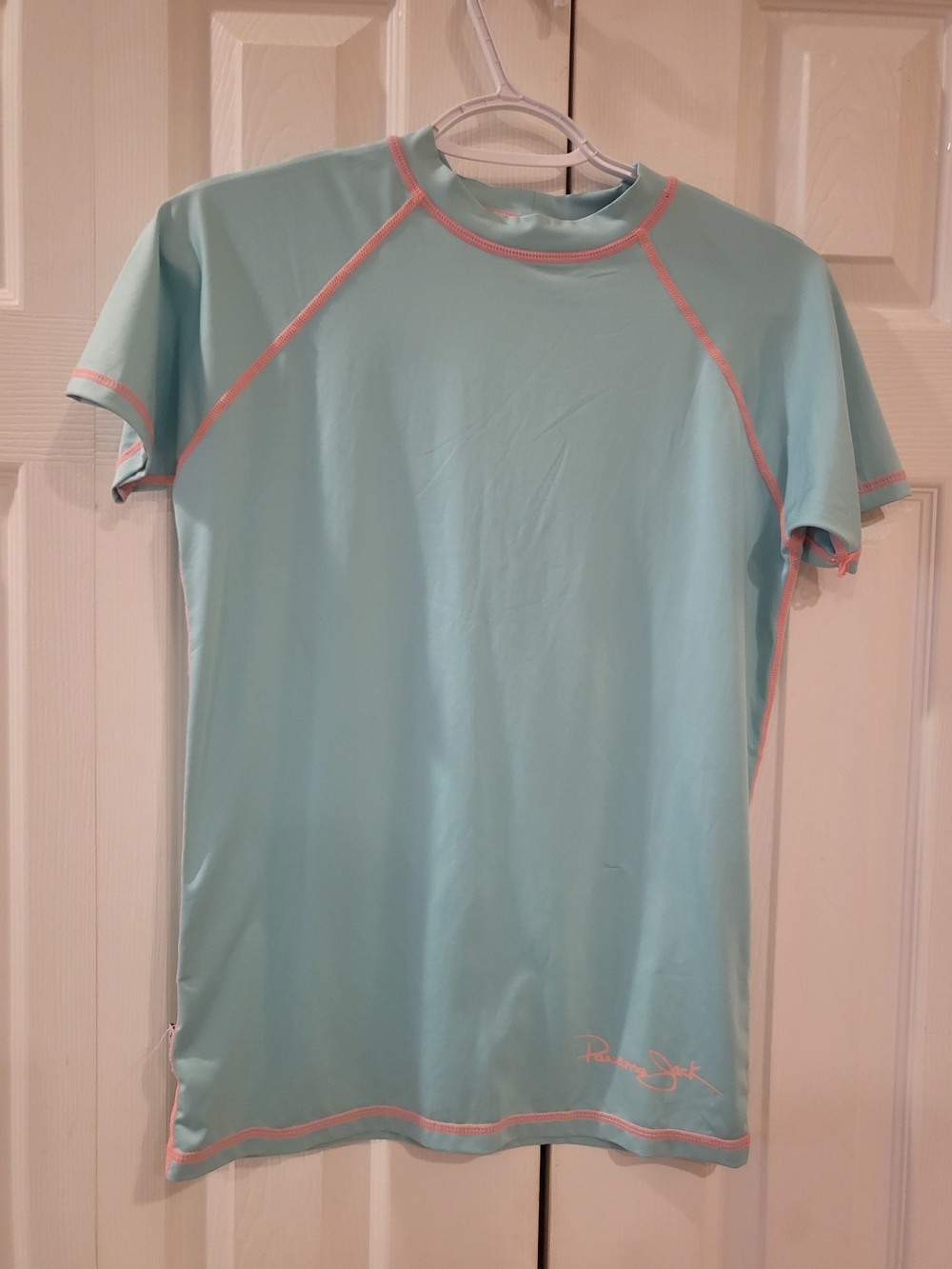 Panama Jack Men’s Short-Sleeve Swim Rash Guard - Light Aqua with Pink Trim